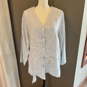 VINTAGE Mosaic Linen Tunic Blouse Jacket Women's Black & White Stripe Size Small